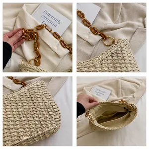 Detalles del bolso de paja trenzada con cadena de resina ámbar y bolsillo interior