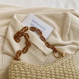 Detalle de bolso bandolera de paja tejida con texturas bicolor y cadena de acrílico ámbar