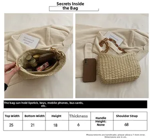 Tabla de tallas detallada para bolso de paja con capacidad interna y dimensiones