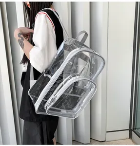 Detalle de mochila de PVC transparente con material impermeable y correas grises