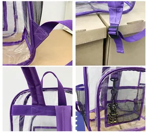 Detalle de mochila de PVC transparente morada con correas reforzadas y bolsillo de malla