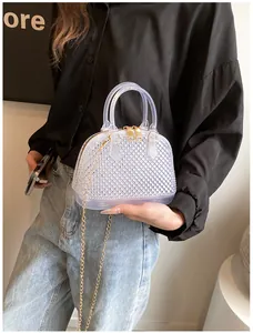 Detailed shot of semi-transparent light blue jelly shell bag with chain strap