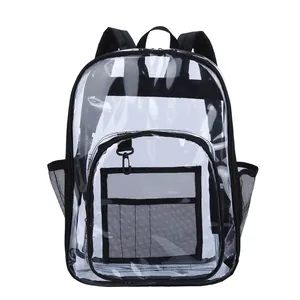 Mochila transparente de PVC con correas negras y bolsillos de malla para seguridad