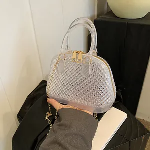 Fashion Women Transparent PVC Jelly Shell Bag Dotted Texture Golden Chain Shoulder Crossbody Bag Trendy Beach Handbag