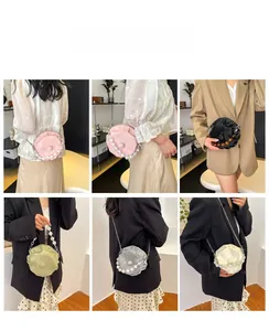 Detailed views of mini floral cloud bags in five colors with pearl handles and chain straps
