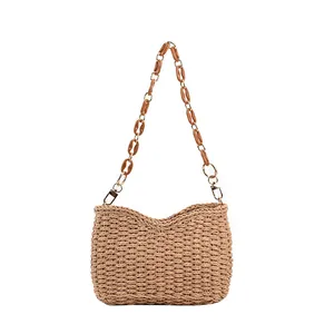 Bolso bandolera de paja con cadena acrílica para vacaciones de verano en la playa y ocio