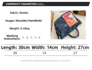Size guide for denim tote bag showing dimensions 30x14x27 cm and wash instructions