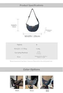 Sac bandoulière demi-lune en denim avec dimensions 28x13x11cm et sangle réglable