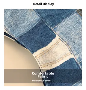 Detailed macro view of patchwork denim fabric showing various blue washes and textures
