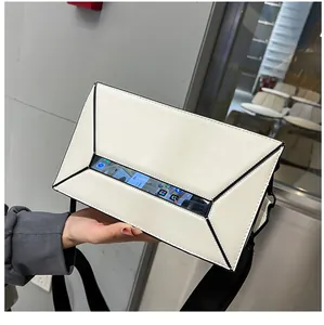 Detailed view of white geometric crossbody bag with a transparent phone window