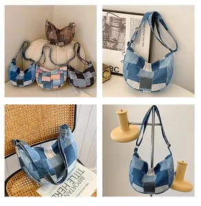 Detailed grid view of denim patchwork crescent bags with adjustable straps and zipper closures