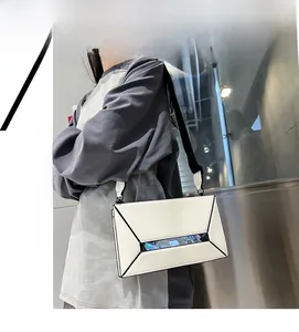 Close-up of a white rectangular crossbody bag with a transparent phone window and black strap