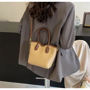 Detail of minimalist contrast color crossbody bucket bag with elegant metal buckle
