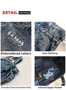 Detailed views of washed denim tote with white embroidery and reinforced metal strap rings