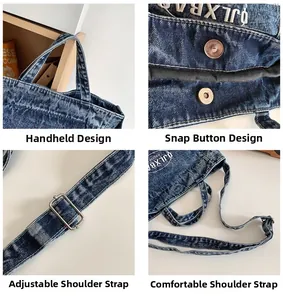 Close-up of denim tote bag showing magnetic buckle and adjustable metal strap