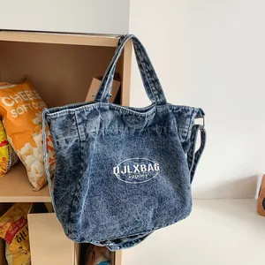Women Large Capacity Denim Tote Bag Urban Casual Washed Canvas Shoulder Crossbody Bag Retro Letter Embroidery Shopper Bag