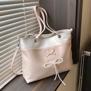 Large Capacity Ballet Style Color-Block Tote Bag For Women PU Leather Lace-Up Bow Shoulder Handbag Fashion Casual Commuter Bag