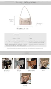 Size chart showing dimensions for a stone-textured shoulder bag with PU material specs