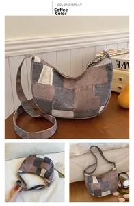 Detailed close-up of patchwork hobo shoulder bag in coffee and grey canvas textures