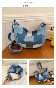 Detailed views of blue patchwork denim shoulder bag with multi-tone fabric and zipper strap
