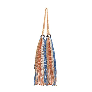 Handmade bohemian woven shoulder bag with blue and orange stripes and fringe tassels