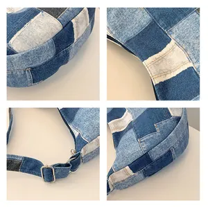 Detailed views of denim patchwork texture and adjustable silver metal buckle on the bag