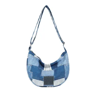 Women's Fashion Patchwork Denim Canvas Hobo Bag Contrast Color Large Capacity Shoulder Bag With Adjustable Strap Tote Handbag