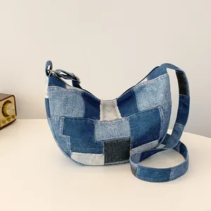 Retro denim patchwork half-moon shoulder bag with adjustable strap for casual daily wear