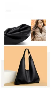 Detailed view of the black lychee pattern leather and soft texture of the hobo shoulder bag
