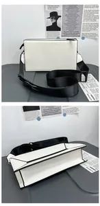 Detail view showing black and white rectangular box bag with wide nylon shoulder strap