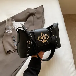 Women Crocodile Pattern Underarm Bag Vintage PU Leather Shoulder Bag With Metal Fleur-De-Lis Buckle And Grommet Strap Versatile Crossbody Bag For Daily Commute