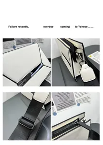 Detailed views of geometric crossbody bag showing zipper, strap hook, and white leather seams