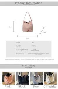 Tabla de tallas del bolso tote de piel PU con dimensiones y detalles en cuatro colores