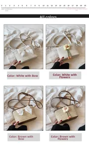Detail view of woven straw bucket bags with white bow and floral accents in various colors