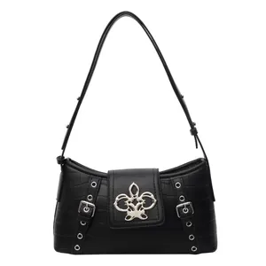 Fashionable black faux crocodile skin underarm bag with silver flower buckle decoration