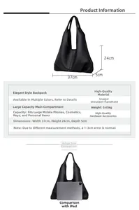 Size specifications and large capacity details for this black leather shoulder bag