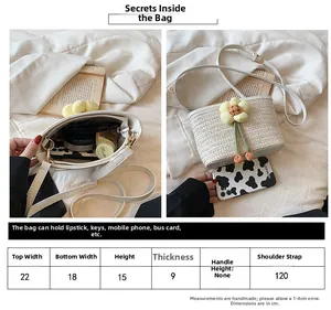 Size guide for a beige woven straw bucket bag showing dimensions and interior capacity