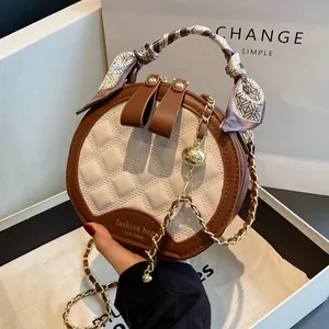 Women Round Quilted Crossbody Bag Fashion PU Leather Rhombic Pattern Shoulder Handbag With Satin Scarf Handle Chain Strap Small Circle Purse