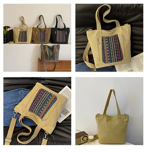 Detail of ethnic striped pockets and metal zippers on colorful canvas tote bags