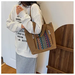 Detail view of large canvas tote bag with ethnic geometric patterns and double zippers