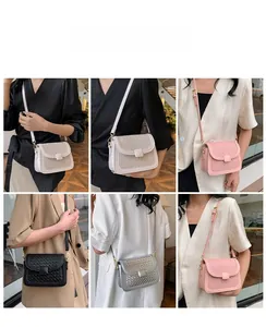 Collage of fashion crossbody bags with woven texture and adjustable shoulder straps