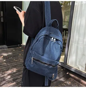Dettaglio dello zaino in denim blu con ampio scomparto principale e zip in argento