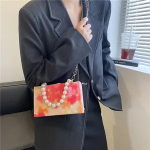 Artistic Marble Print Box Bag With Pearl Handle And Gold Chain For Women Fashion Hard Shell Crossbody Evening Clutch Bag