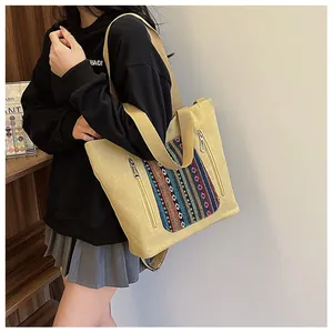 Detail of khaki canvas tote with ethnic embroidery and metallic zippers on side