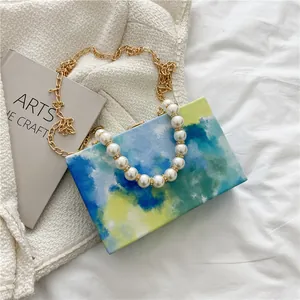 Artistic watercolor gradient pearl box bag with gold chain strap for women