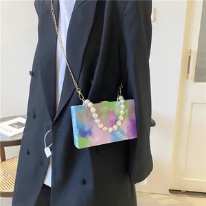 Colorful painted pearl box clutch bag with gold chain strap for women in artistic style