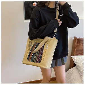 Close-up of canvas tote bag featuring ethnic style embroidery and dual zipper pockets