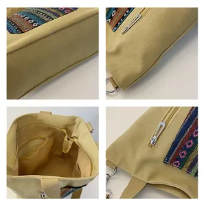 Detailed interior of khaki canvas tote with zippers and ethnic embroidery patches