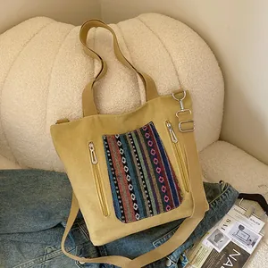 Ethnic Style Canvas Tote Bag For Women Large Capacity Bohemian Embroidery Shoulder Bag Retro Casual Daily Travel Handbag