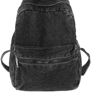 Zaino rétro in denim lavato grigio scuro con tasche multiple per l'uso quotidiano